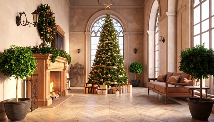 A grand Christmas interior scene showcases a classic, elegant living room with a majestic Christmas tree, warm lighting, and elegant d?cor.