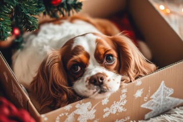 This charming Cavalier King Charles Spaniel poses adorably in a festive box surrounded by holiday decorations, capturing the essence of joy and companionship during the season.