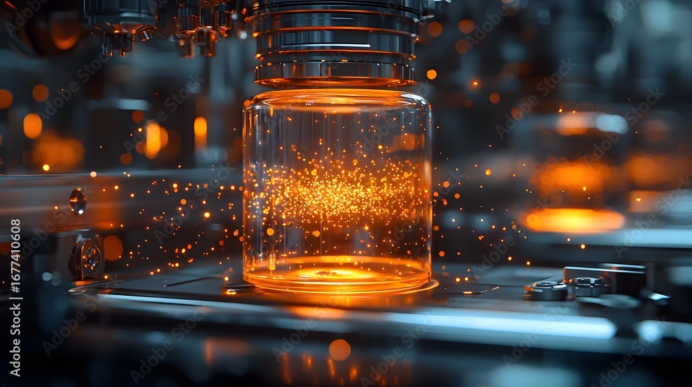 Poster futuristic quantum computer in a high tech industrial lab with glowing particles