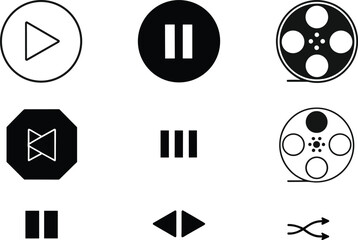 Media control icons set, play, pause, rewind, shuffle, film reel, video interface symbols, digital playback, editing tools, vector illustration