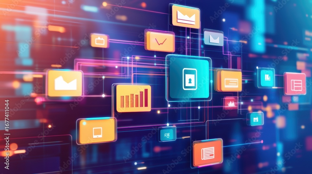 Aufkleber abstract network grid with files and folders, futuristic software interface, digital document manage
