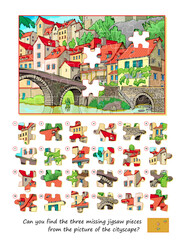 Can you find the three missing jigsaw pieces from the picture of the cityscape? Game find and search. Page for kids brain teaser book. Logic puzzle for children and adults. Flat hand drawn vector.