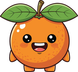 Cute cartoon orange fruit character with green leaves, happy kawaii mascot, adorable citrus illustration, fresh healthy food concept, smiling face