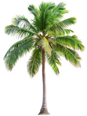 Fototapeta premium Coconut tree with textured trunk and large green fronds on transparent background