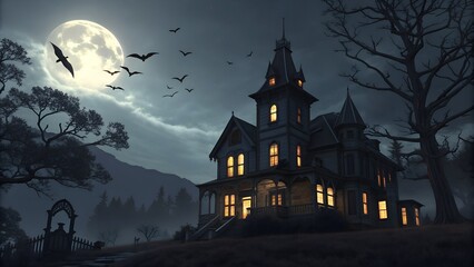 Haunted Victorian mansion at night with glowing windows and bats flying overhead