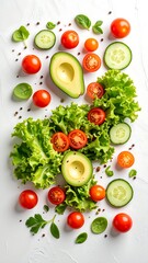 Fresh, vibrant arrangement of salad ingredients including tomatoes, avocado, lettuce, and cucumber, arranged on a white surface.