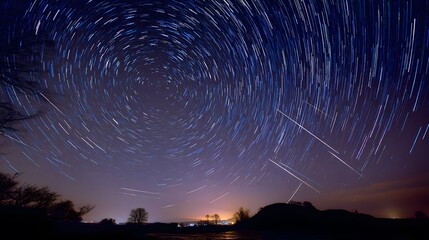 Double spiral star trails across a velvet night sky, accented by glowing meteor streaks.