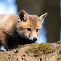 Naklejka premium Curious red fox kit in forest