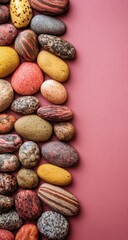 Colorful Stones Arranged in a Vertical Line Against a Rose Background.