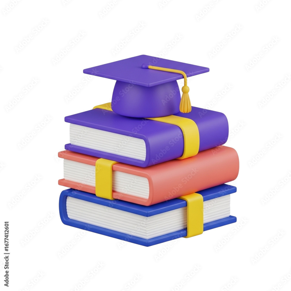 Poster 3d icon of stack of books with graduation cap isolated on transparent background