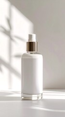 White cosmetic spray bottle with blank label, sunlit minimalist background.