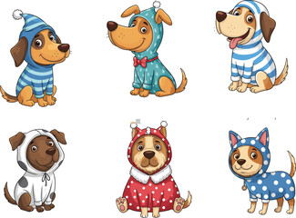 Cute cartoon dogs in colorful hooded pajamas, playful puppy illustrations, adorable pet outfits, winter animal costumes, fun dog character setCute cartoon dogs in colorful hooded pajamas