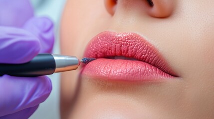 Liposuction treatment. A woman tattooing her lip in a video. Vibrant permanent pigments makeup microblading. Fat lifestyle removal procedure.