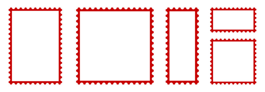 Blank postage stamp set icons, mockup postal stamps, postage stamp borders templates in different variations