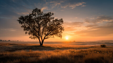 golden sunrise landscape with solitary tree tranquil environment serene nature photography wide angle peaceful horizon natural light and calm outdoor view