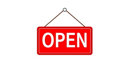 A simple, red sign that displays the word "OPEN" in white lettering, hung on a brown cord.