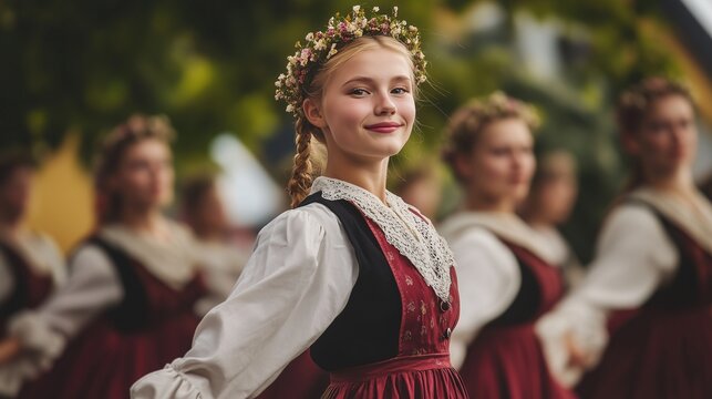 Women traditional clothing dancing. Realistic video of a dance in the city of oslo in norway. A field of cultural dancers in the depth of the field. Women dressed in traditional attire lifestyle.
