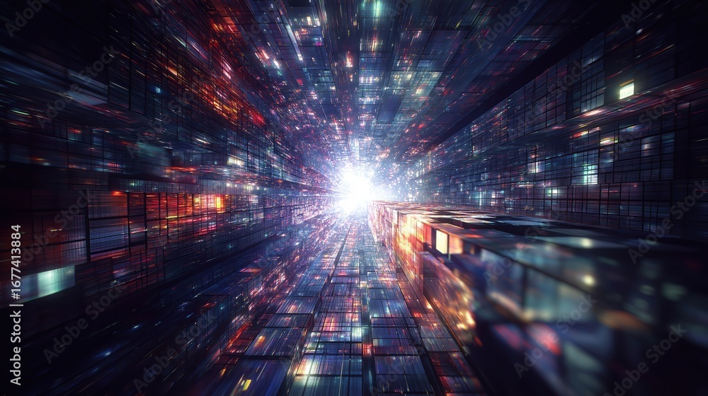 Poster futuristic digital corridor with glowing neon blocks and reflections in a virtual data city