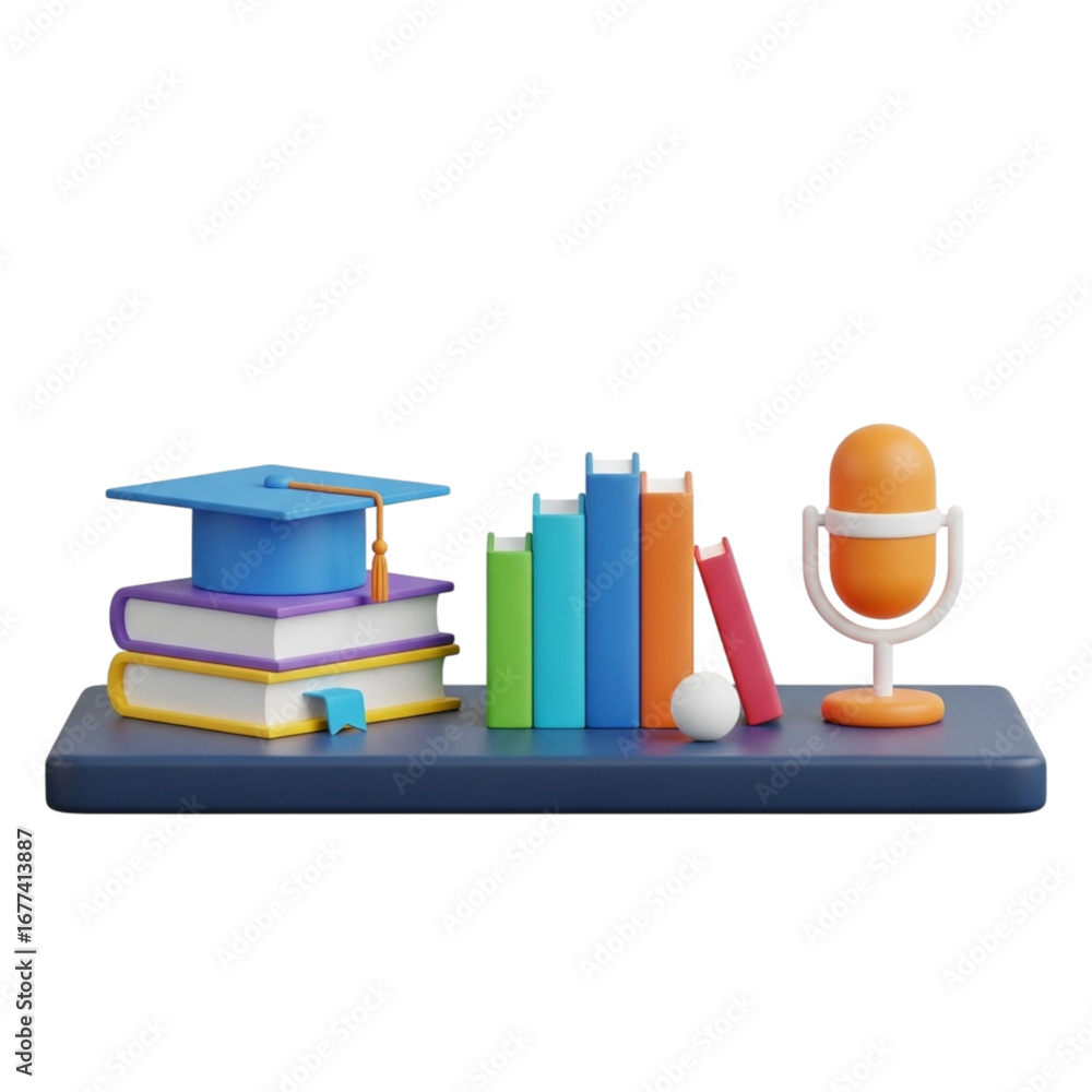 Poster 3d icon of stack of books with graduation cap and microphone isolated on transparent background