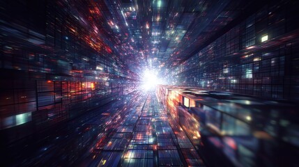 Fototapeta premium Futuristic digital corridor with glowing neon blocks and reflections in a virtual data city