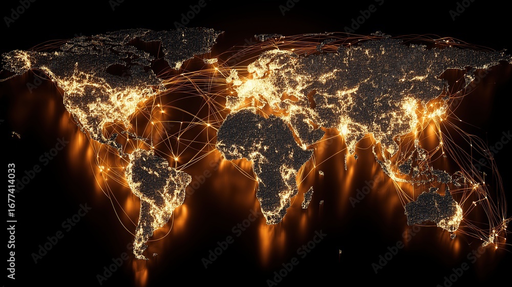 Poster glowing world map showing global digital network connections