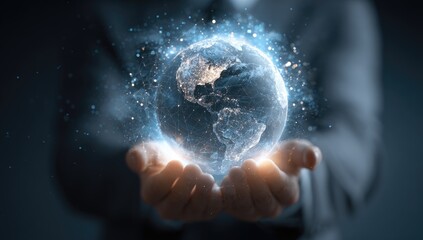 A person's hands gently cradle a luminous, digital globe, radiating energy and data streams, symbolizing global connectivity and technological advancement