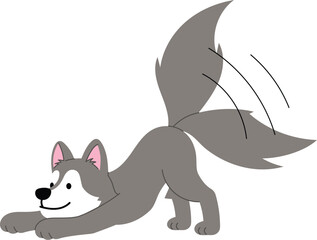 Friendly Gray Wolf Character Stretching, Cute Wolf Cartoon, Funny Playful Wolf Wagging Its Tail , Happy Furry Coyote illustration