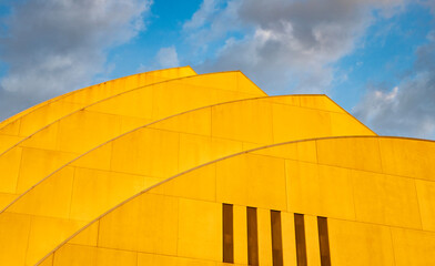 Modern building architecture against sunset sky. Architectural geometrical detail. Exterior and...