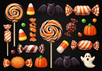 A realistic set of colorful Halloween candies and lollipops, isolated for seasonal festive designs and spooky graphics, Ai Generate.