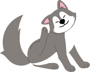 Friendly Gray Wolf Character, Cute Wolf Cartoon, Funny Playful Wolf Scratching , Happy Furry Coyote illustration