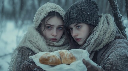 Two young women holding piece of bread. Realistic forlorn video of a young girl fending for cold sisters in winter. A field of warm comfort and warmth with a meal. Two lifestyle young women grasping.