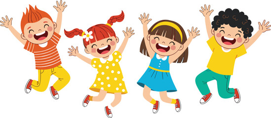 Happy children jumping together, joyful kids illustration, cartoon boys and girls playing, fun childhood activity, smiling friends clipart, vector design