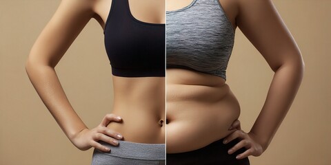 Split Image Comparing a Womans Healthy, Toned Body with a Figure Showing Significant Weight Gain, Representing a Body Transformation.