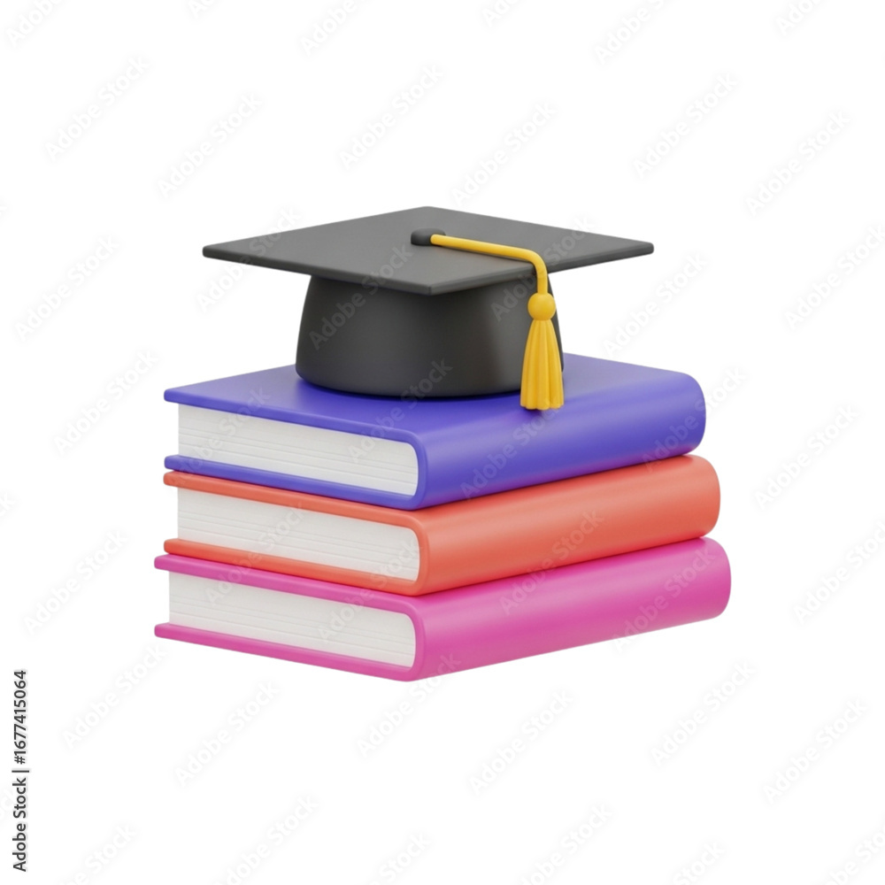 Poster 3d icon of graduation cap on stack of books isolated on transparent background