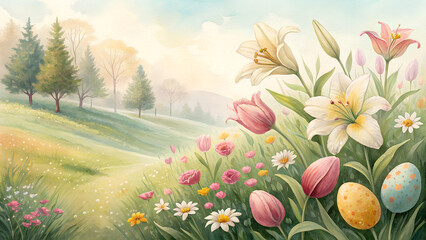 Spring meadow with colorful flowers and Easter eggs in soft style  