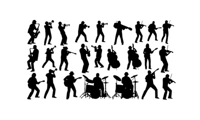 A collection of diverse musicians, playing various instruments like saxophones, trumpets, violins, guitars, basses, and drums, all rendered as dynamic black silhouettes against a white background