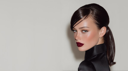 Elegant brunette woman with sleek low ponytail hairstyle, bold dark red lipstick, satin black outfit, and flawless makeup posing confidently in minimalist fashion portrait