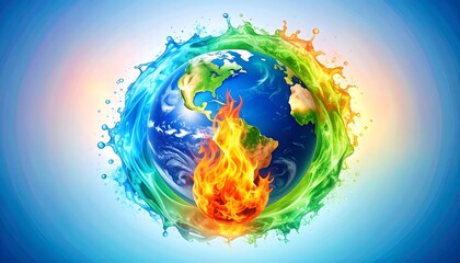 A vibrant illustration of Earth surrounded by colorful water and fire, symbolizing the interplay of contrasting elements.
