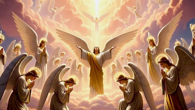 A host of angels worshiping gathered in heaven with bright light
