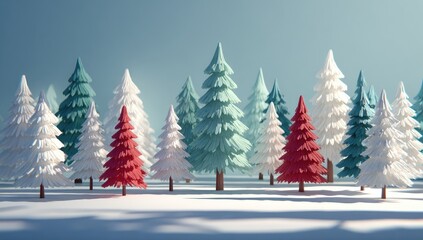 Obraz premium Stylized winter forest scene with pastel-colored evergreen trees, rendered in a low-poly, 3D aesthetic, set against a clear, light blue sky