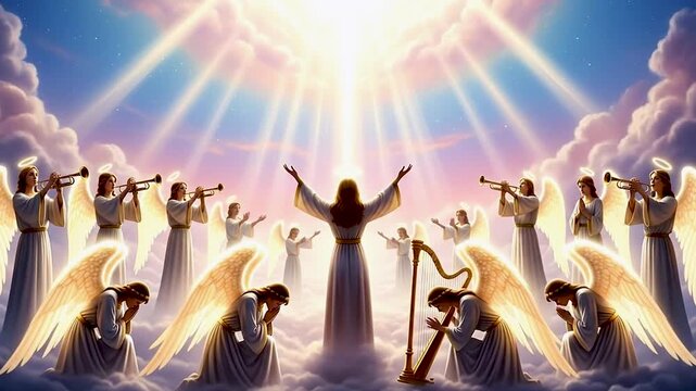 Angels in heaven worshiping with bright light and musical instruments