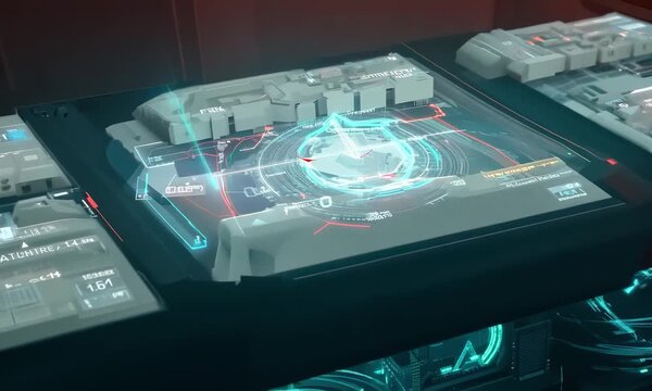 Futuristic spaceship control room with glowing holographic displays, advanced navigation systems.