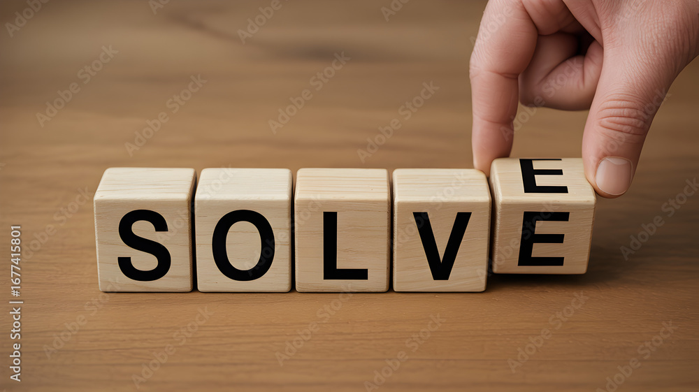 Poster hand placing wooden block with letter e to complete word solve representing solution problem solving