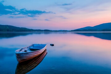 A serene lake scene at dusk, featuring a tranquil boat resting on calm water, with a soft, blended color palette of pinks and blues.