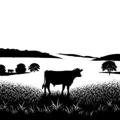 Stunning silhouette of cow grazing in rural pasture © Sarfaraz