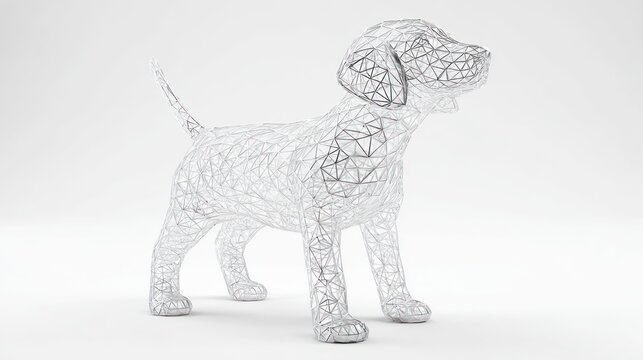 Wireframe dog sculpture on a white surface