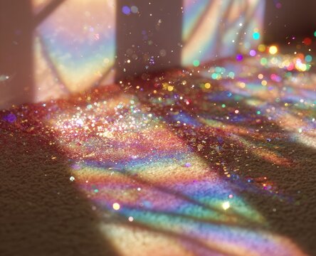 Rainbow glitter scattered on a surface, illuminated by sunlight streaming through a window, creating shimmering, prismatic effects and bokeh