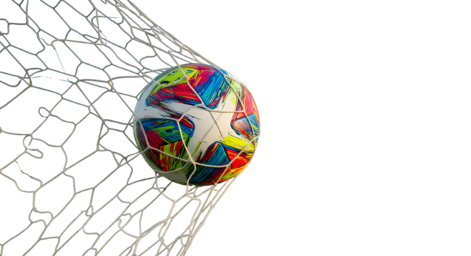 A vibrant soccer ball hitting the back of the net a moment of victory in a game with a black