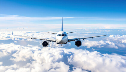 An airplane flying through the sky above the clouds on a sunny day