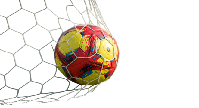 A vibrant soccer ball scores a thrilling goal into the net a moment of victory in high contrast